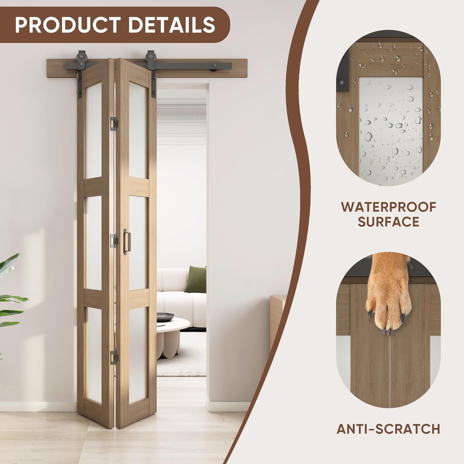 JUBEST Bifold Glass Barn Door, 30Inch Bi Fold Sliding Barn Door Kit with Hardware Include, 3-Panel Glass Barn Door Slab, Solid Wood Barn Door with MDF & Water-Proof PVC Surface, Brown