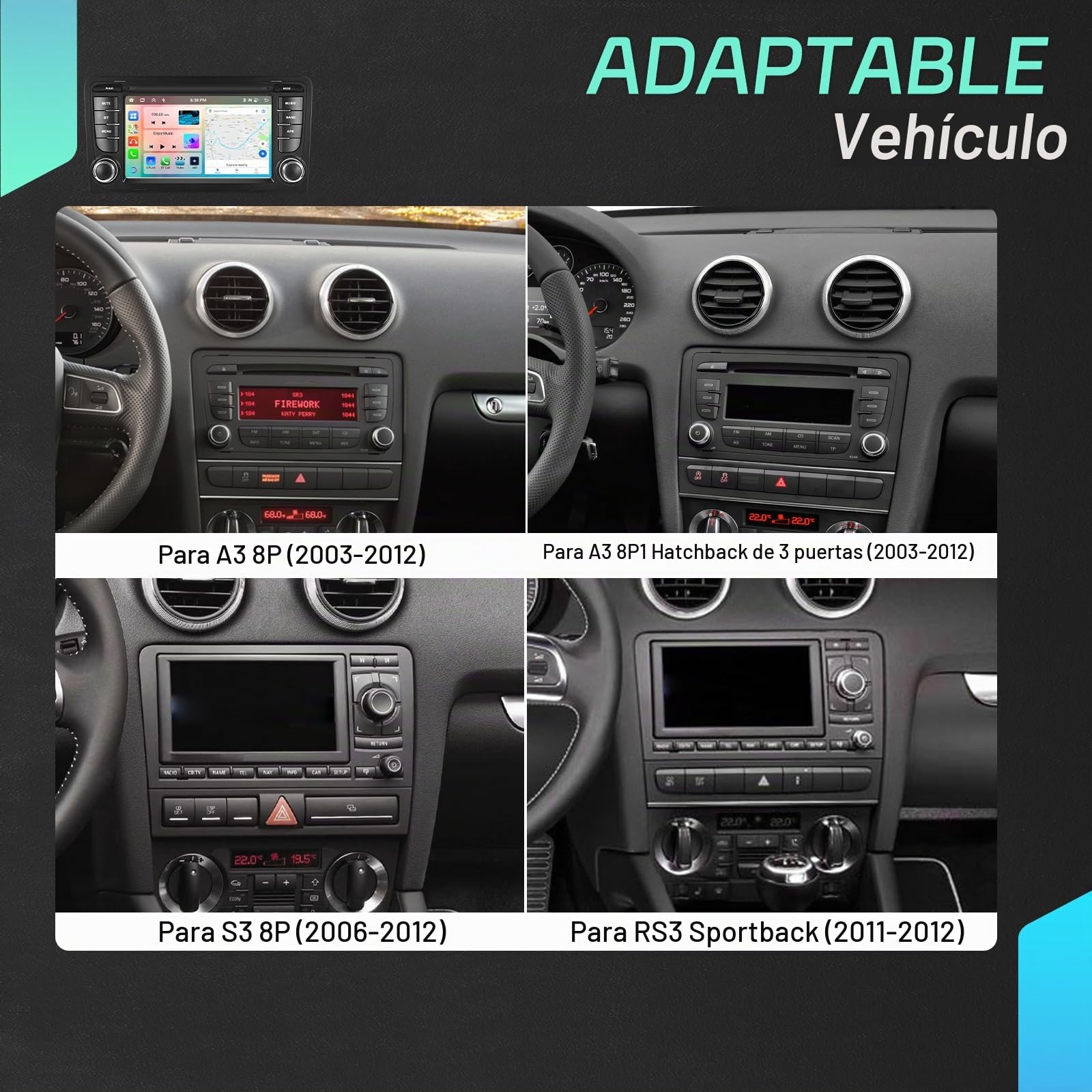 6G+128G 8-Core Android Radio para Audi A3 2003-2012/S3 2006-2012/RS3 2011-2012 con Carplay Android Auto Inalambrico, Hodozzy Pantalla Táctil 7 Pulgadas con Bluetooth GPS WiFi DSP FM/RDS Radio, Cámara
