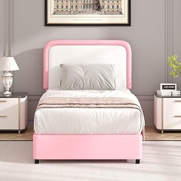 BarnFurin Twin Bed Frames with Adjustable Headboard, Upholstered Bed with Safe Rounded Corners, Wooden Slats Support, No Box Spring Needed, Easy Assembly, Noise-Free, White and Pink