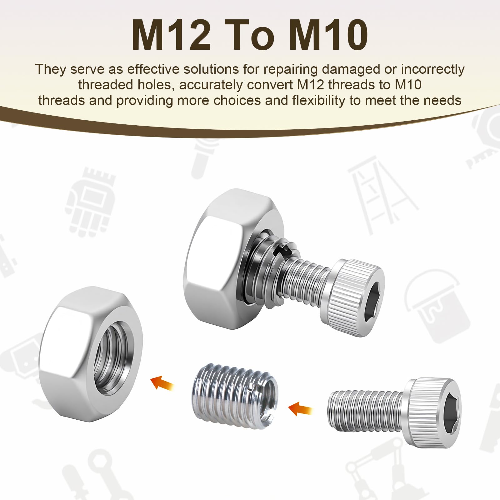 20 sztuk wkładek gwintowanych M12 na M10, tuleja gwintowana ze stali nierdzewnej 15 mm, gwint M12 do M10, adapter gwintowany, nakrętka wkręcana, zestaw redukcyjny gwintu do mechaniki samochodowej