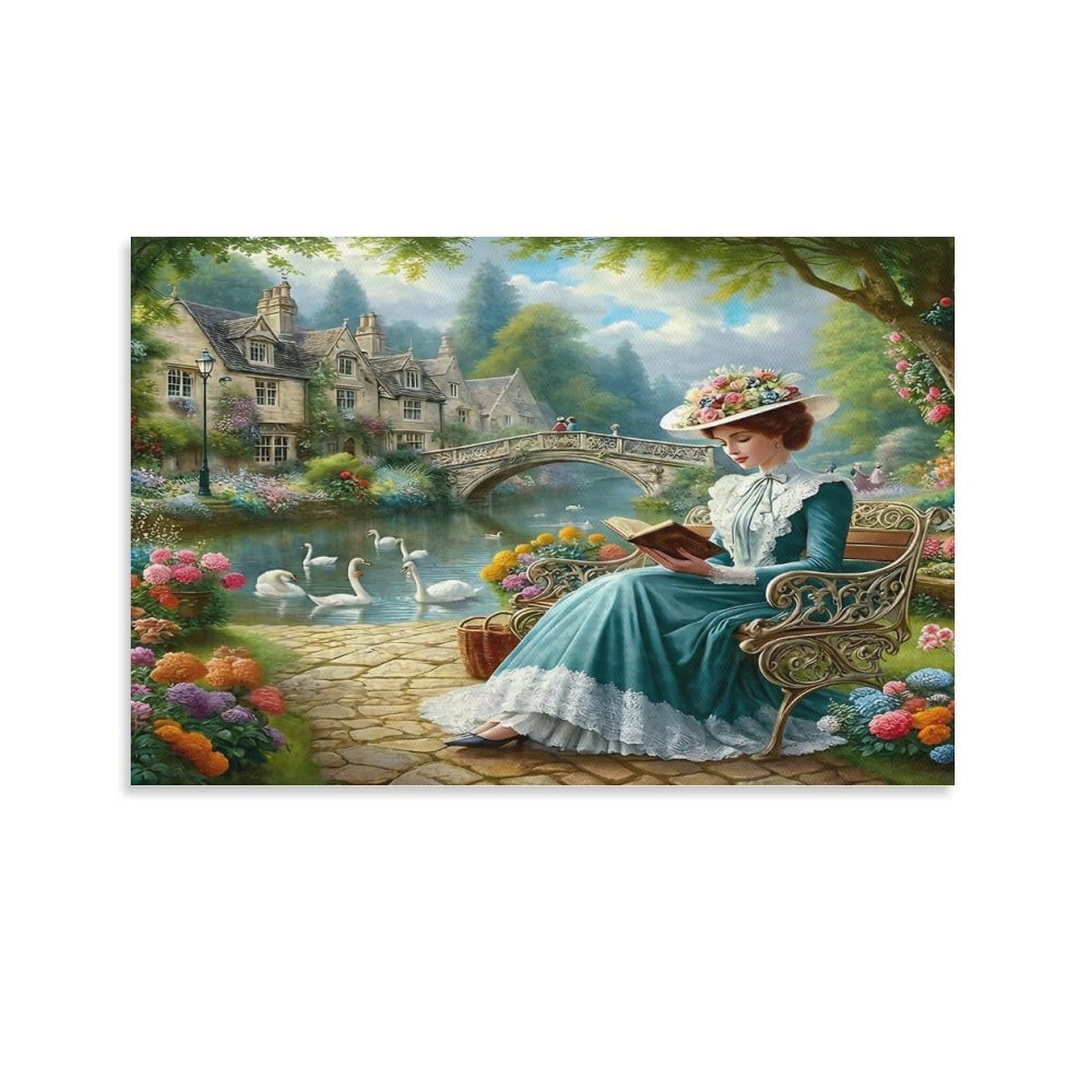 CPLVKWRQJ Victorian Lady Reading Individual Lady Reading in Garden Wall Art Decor - Kitchen Removable Canvas Wall Art Multi-Purpose Focal Point 08x12inch(20x30cm)
