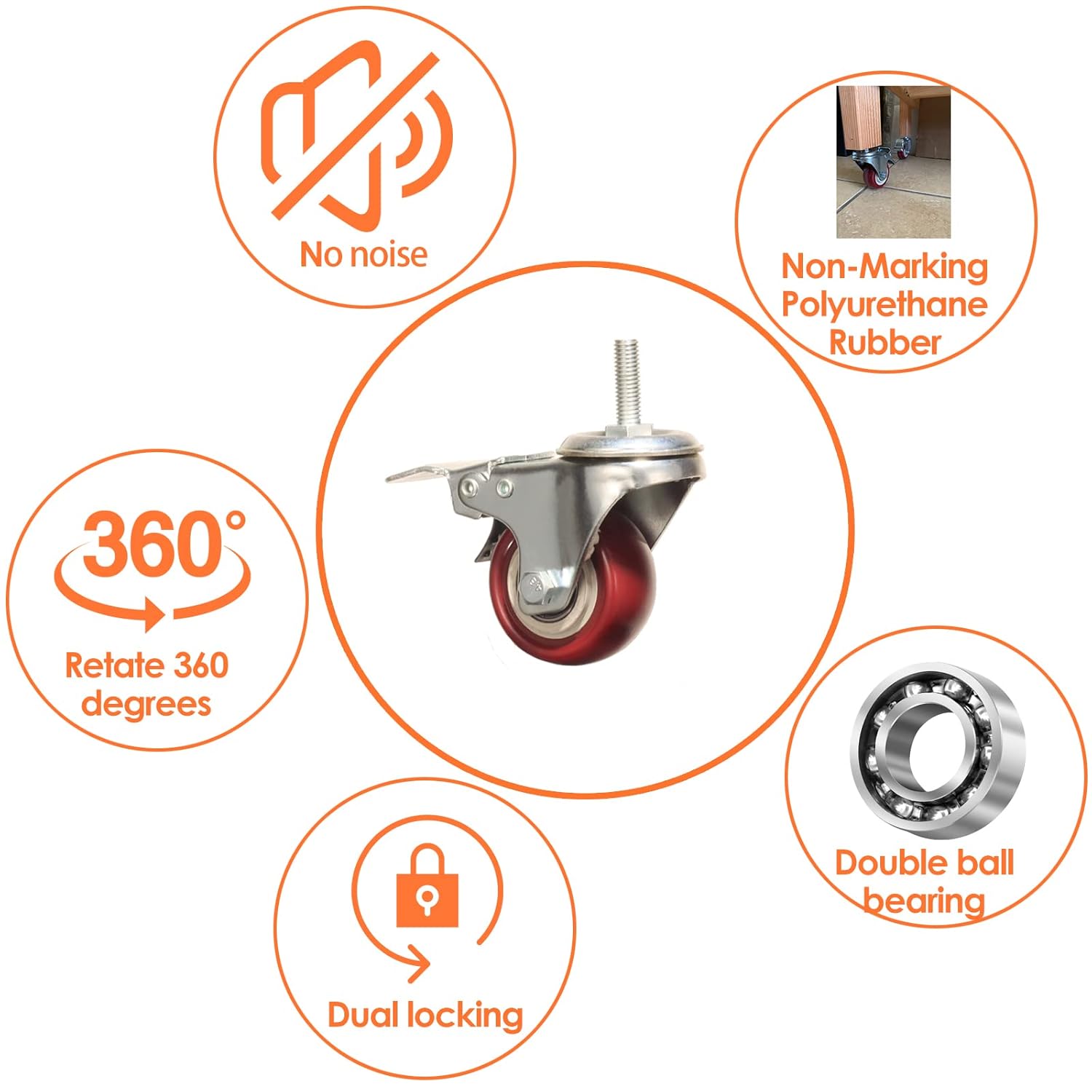 Heavy Duty Stem Caster Wheels Double Bearing PU Castors No Noise Swivel Casters M8-1.25x25mm 4 Packs with Dual Locking (3 Inch,with Brake)