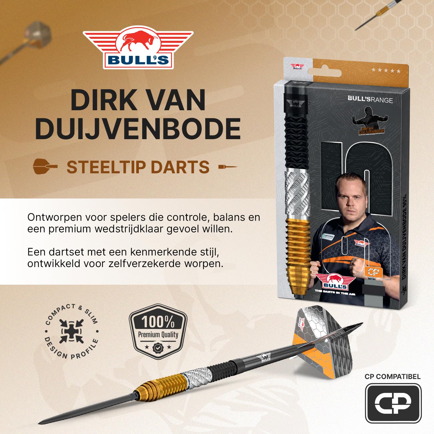 Bull's Dirk Van Duijvenbode 95% Tungsten Steeldarts - Profi Dartpfeile mit Shark, DNA und Delta Grip für konstante Kontrolle - CP Point System, 22g/23g/24g, 3er Darts Set