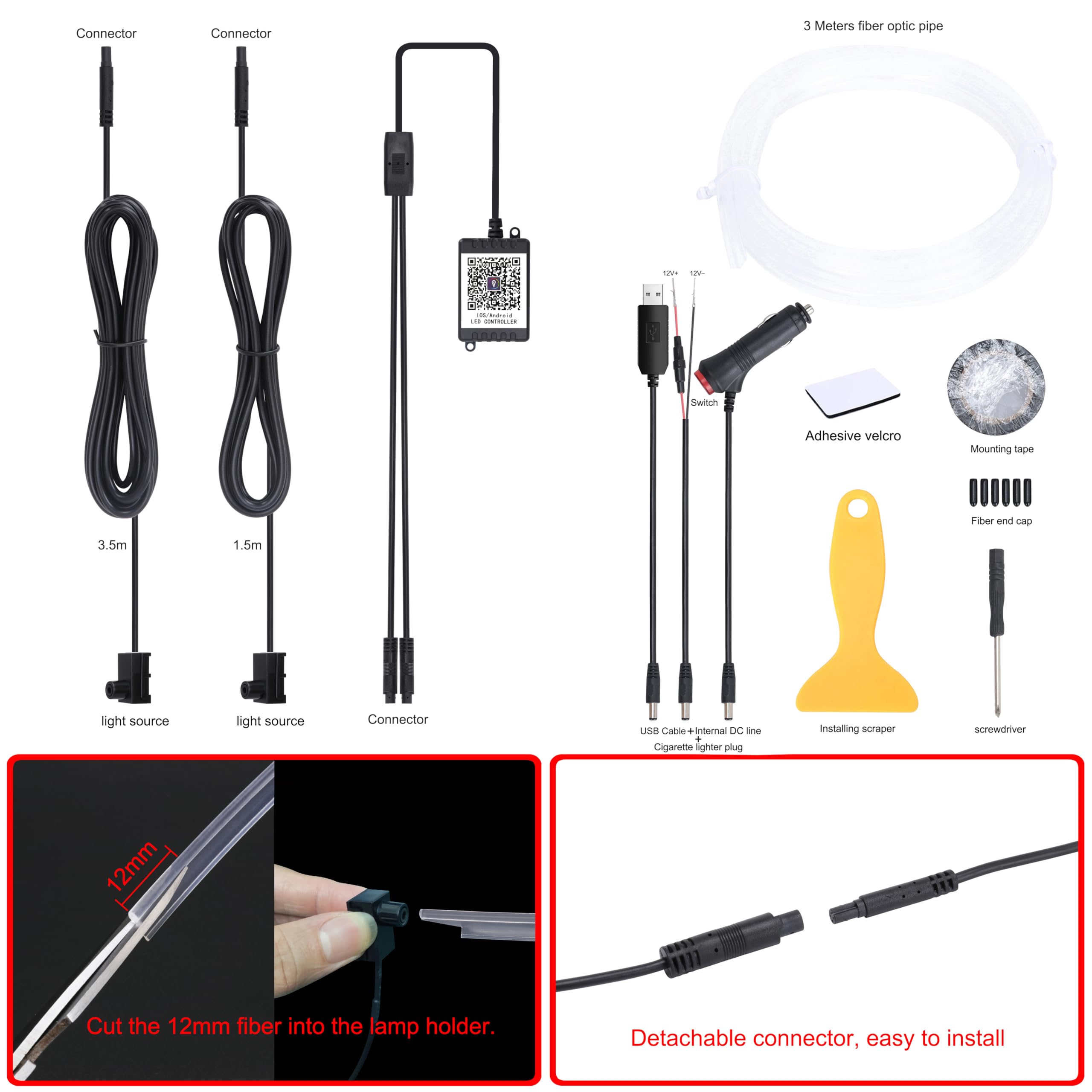 QAUBEN 3 m Optic Fiber Cable Car Ambient Lighting with Bluetooth App Control 64 Colors Multicoloured Music Interior Lighting Kit 12V 1W