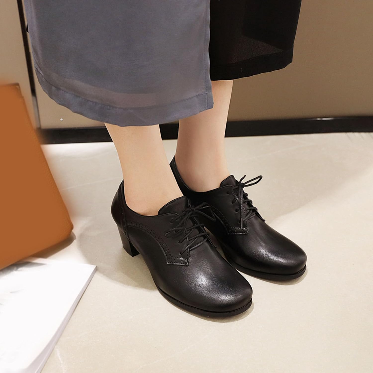 SHEMEE Women's Chunky Mid Heels Oxfords Vintage Round Square Toe Block Heeled Brogues Lace Up Work Office Daily Dress Shoes - Image 2