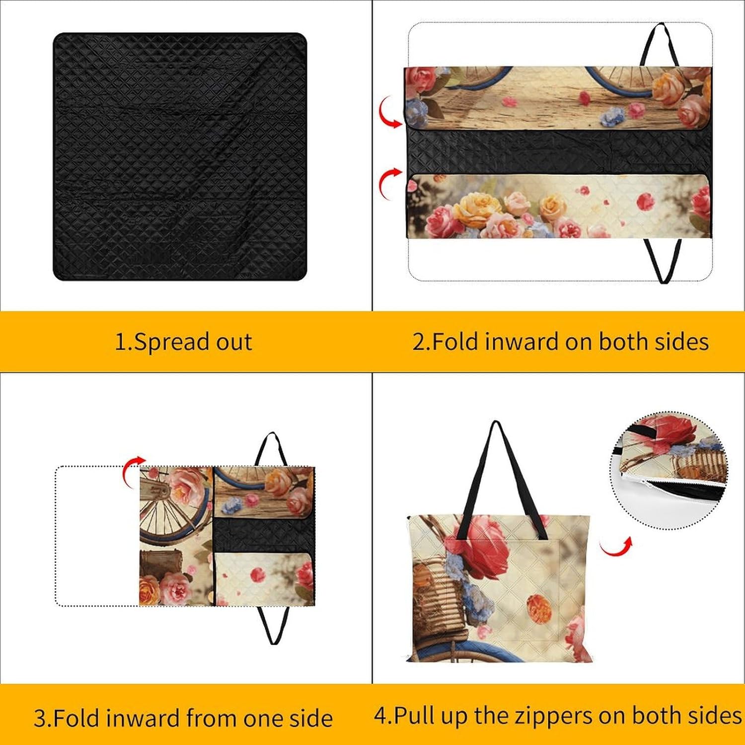 Flower Bicycle Picnic Blanket with Zipper Water Resistant Sand Free Picnic Mat Washable Foldable Easy Carry Beach Blanket for Lawn Beach Hiking Camping