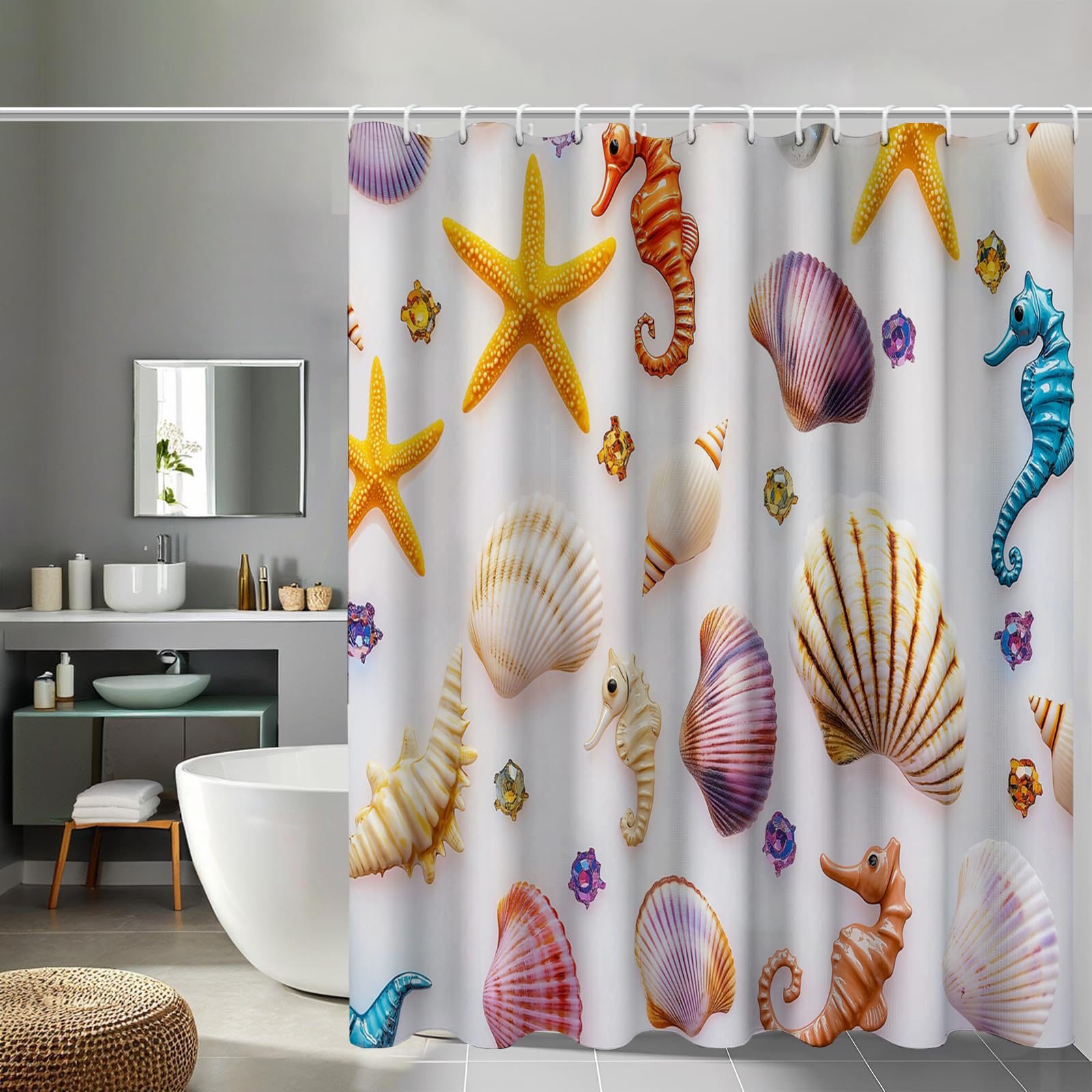 Rideau de douche polyester imperméable motifs coquillages étoiles de mer lavable 240x200