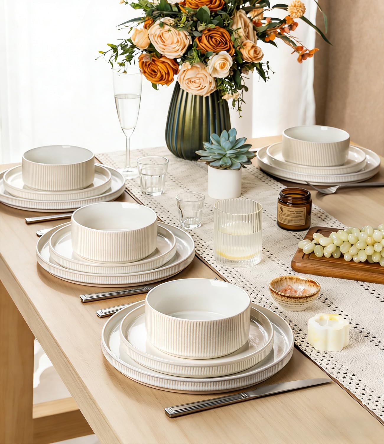 GBHOME Stoneware Dinnerware Sets for 4, 12 Pieces Ceramic Ribbed Plates and Bowls Set, Reactive Glaze Stackable Plate Sets, Scratch Resistant Dishes, Microwave & Dishwasher Safe, Cream