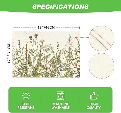 Miniatura 6 de Artoid Mode Juego de 2 manteles individuales de primavera de hierbas antiguas y flores silvestres, 12 x 18 pulgadas, manteles individuales de verano