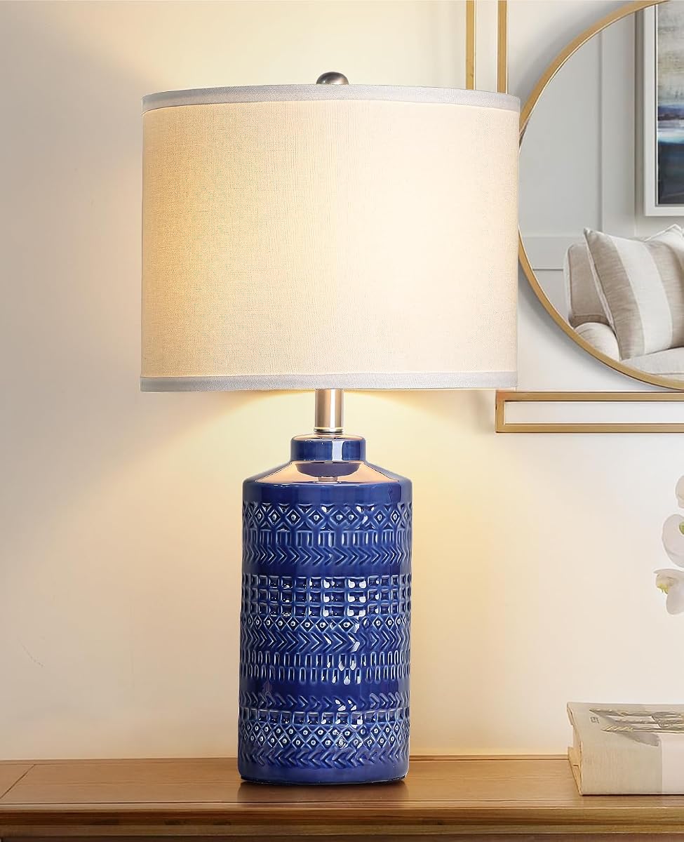 JUNNAI 24.5" Navy Blue Table Lamp Modern Bedside Ceramic Lamps for Living Room 3-Way Dimmable Entryway Nightstand Farmhouse Lamp for Home Office Bedroom, Bulb Included