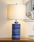 JUNNAI 24.5" White Ceramic Table Lamp 3-Way Dimmable Nightstand with White Linen Shade Bedside Lamp for Bedrooms & Living Room Office Reading(Bulb Included)