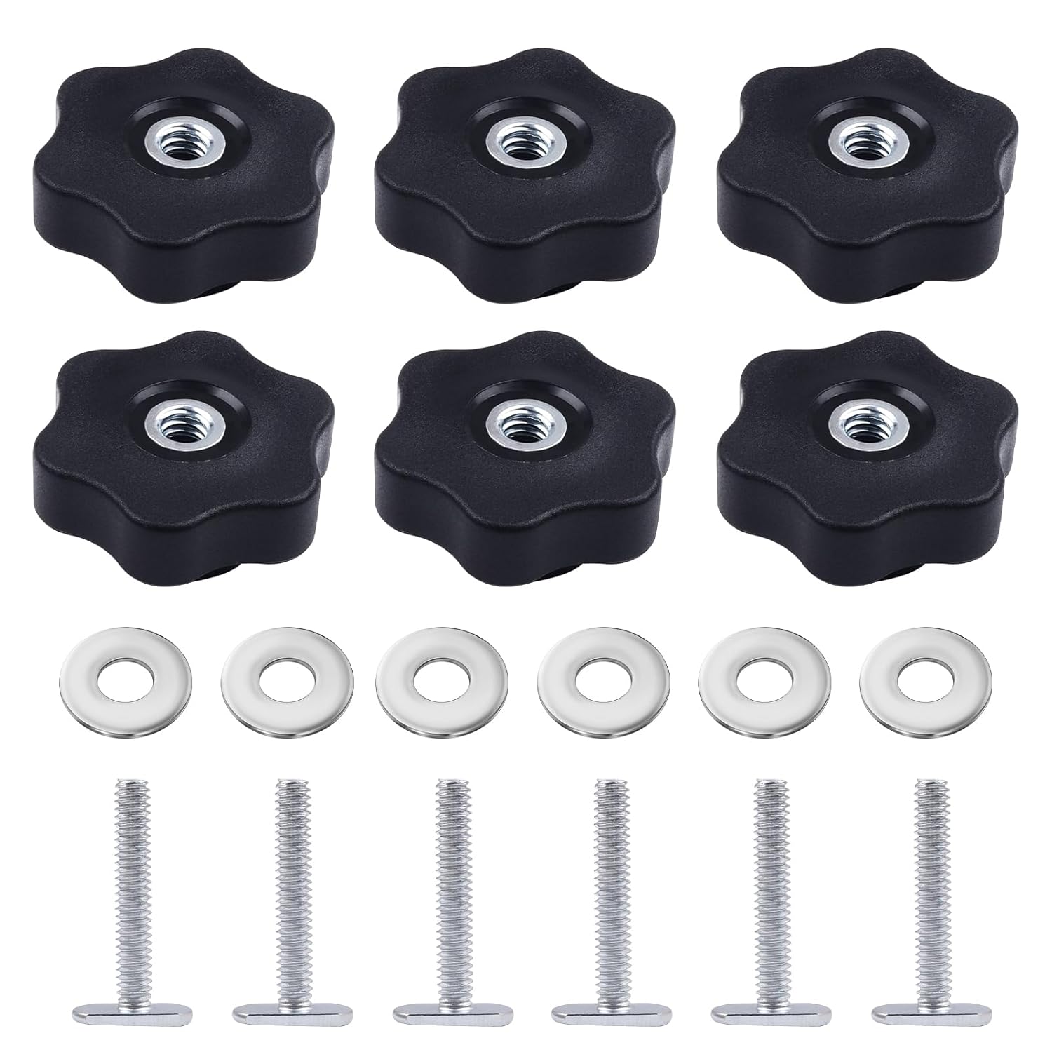 6 Pack T Track Knob Kit, 6 Star Knob, 1/4-20 Threaded Bolts and Washers, T Track Bolts, Track Accessories for Woodworking Jigs and Fixtures (6 PCS)