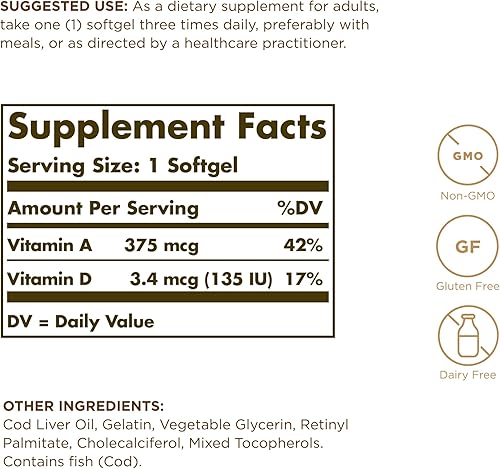 Miniatura 2 de Solgar Aceite de hígado de bacalao, 100 cápsulas blandas, paquete de 2, proporciona vitaminas A y D, sin OMG, sin gluten, 200 porciones en total
