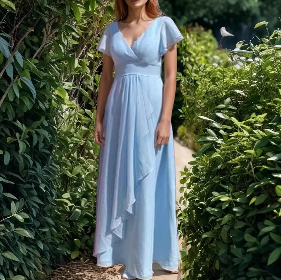 TIRAS Plus Size Ruffle Sage Green Chiffon Bridesmaid Dresses Long with Side Slit for Women 2025 Empire Waist Long Wedding Dress 22W4