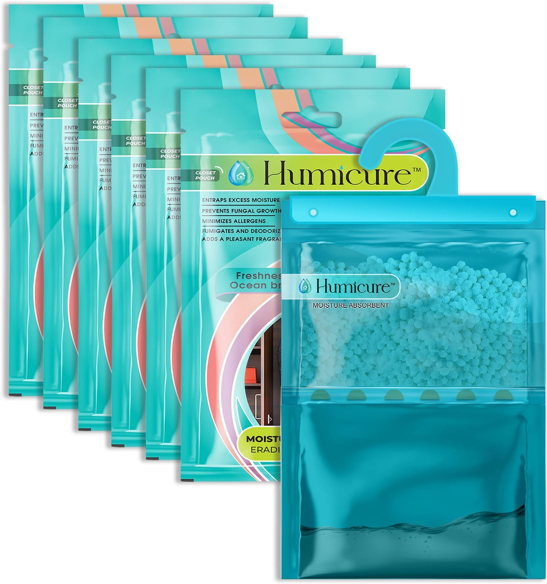 Moisture Absorber Dehumidifier Hanging Bags with 1 Litre Absorption Capacity for Wardrobe, Bathroom, Kitchen and Bedroom; Prevents Mould & Fungus (Pack of 6, 400gram each, Ocean Breeze)