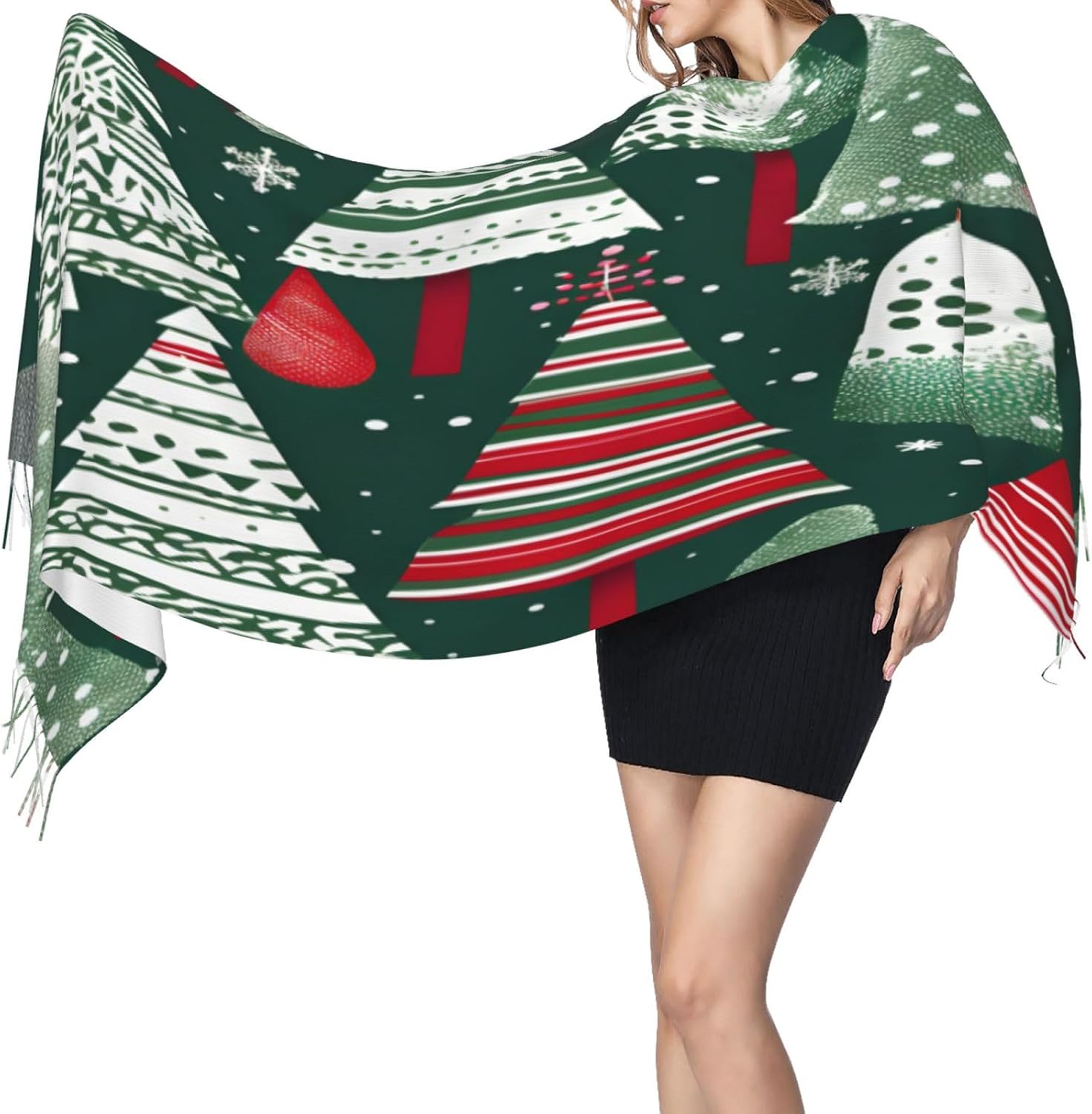 Christmas Trees Print Polyester Fringed Scarf 77x27 Inch Cozy Stylish Shawl Scarfs With Fringe For Fall, Winter Spring