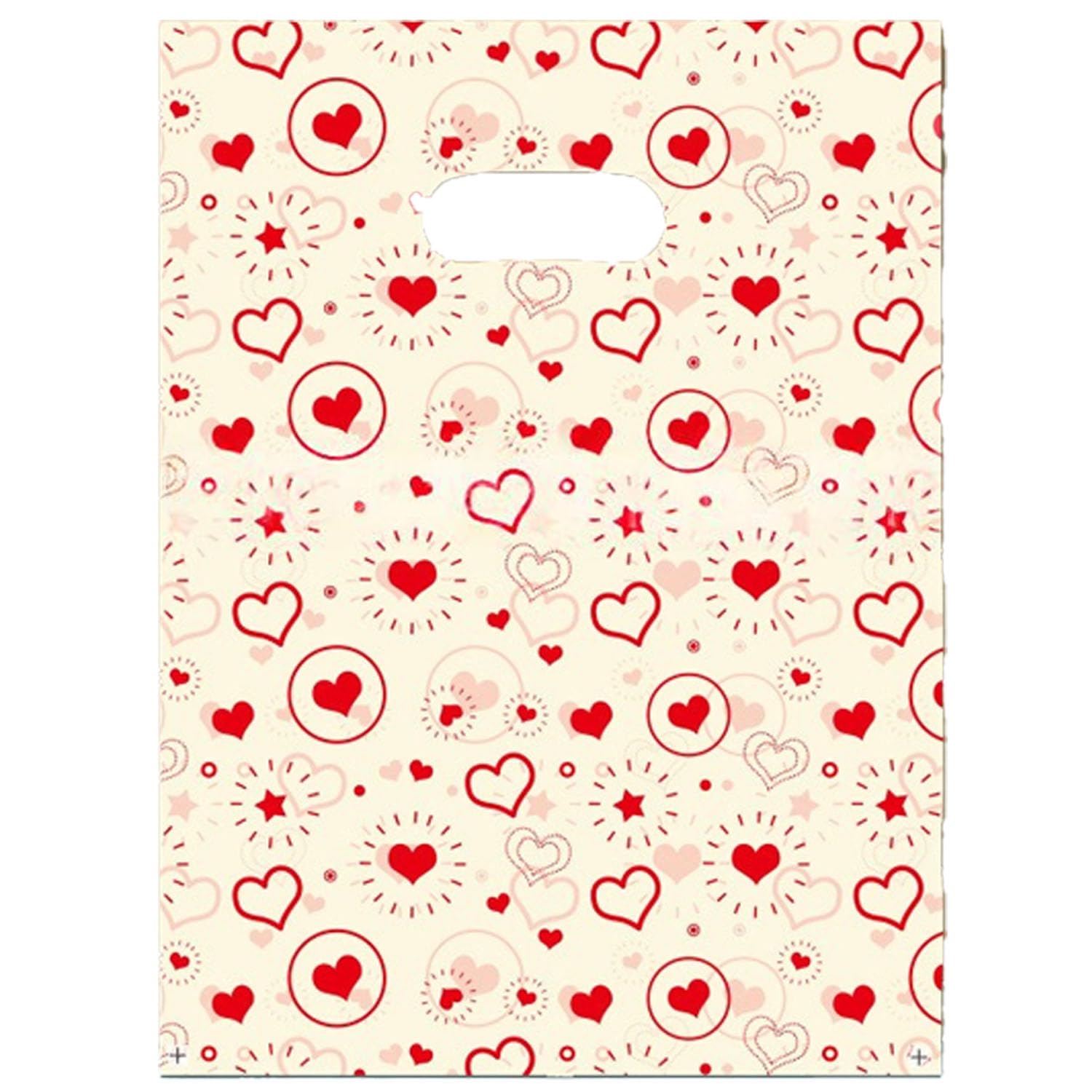 Joyhey 100 Count 9.7" x 13.7" Plastic Merchandise Bags, Shopping Retail Boutique Bags with Die Cut Handles - Red Heart