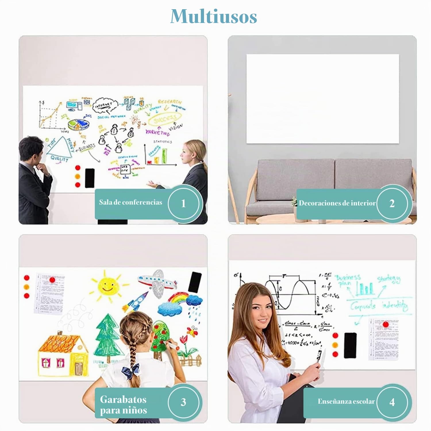 Pizarra Blanca Magnética Lámina, 60 * 100cm Pizarra Blanca Adhesiva de Borrado en seco, Whiteboard adecuado Infantil/Familia/Oficina, con Rotuladores Pizarra Blanca, Borrador, Iman