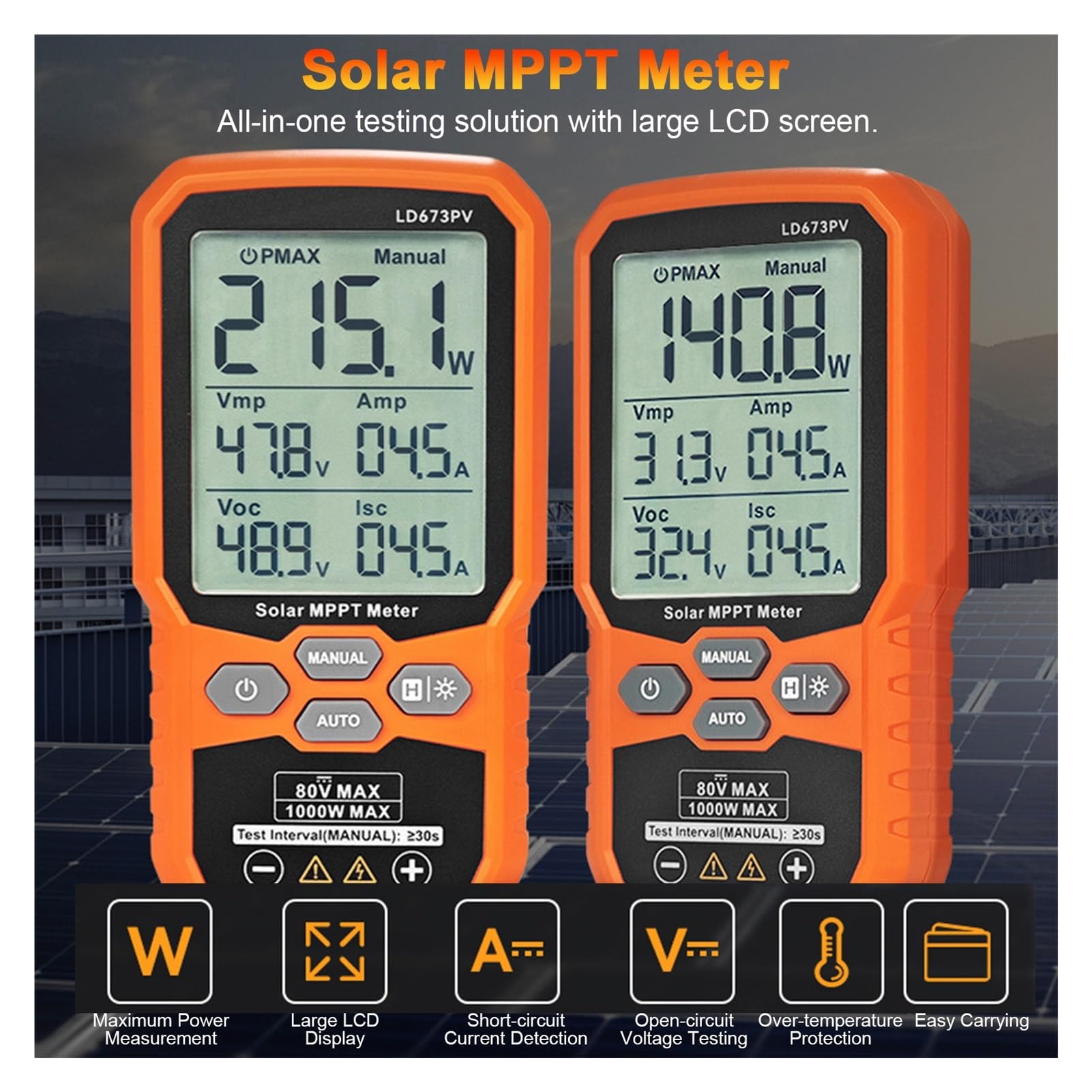 Światłomierz, Tester miernika mocy paneli słonecznych 1000 W z wyświetlaczem LCD – MPPT Pmax Voc Isc 12-80 V
