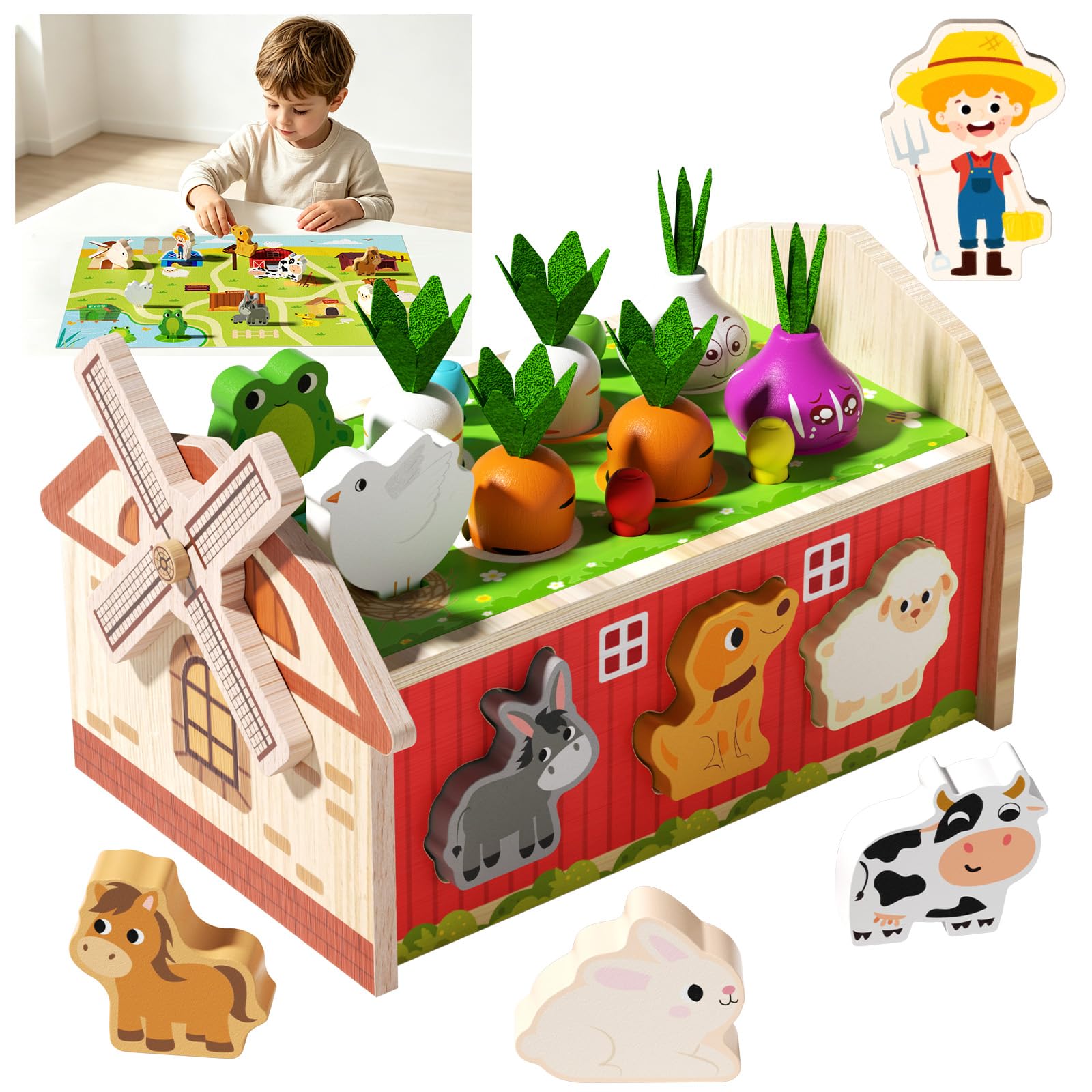 edutree Montessori Wooden Farm Toy for Toddlers 2 3 4 Years, Educational Shape Sorting Toy with Farm Play Mat, Wooden Sensory Learning Toy for Kids Boys Girls, Birthday Gift Age 2+