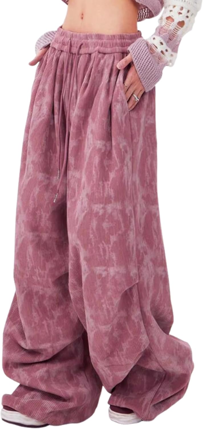 ZAFUL Women's Corduroy Pants Baggy High Waisted Wide Leg Pants Retro Loose Fit Casual Trousers with Pockets