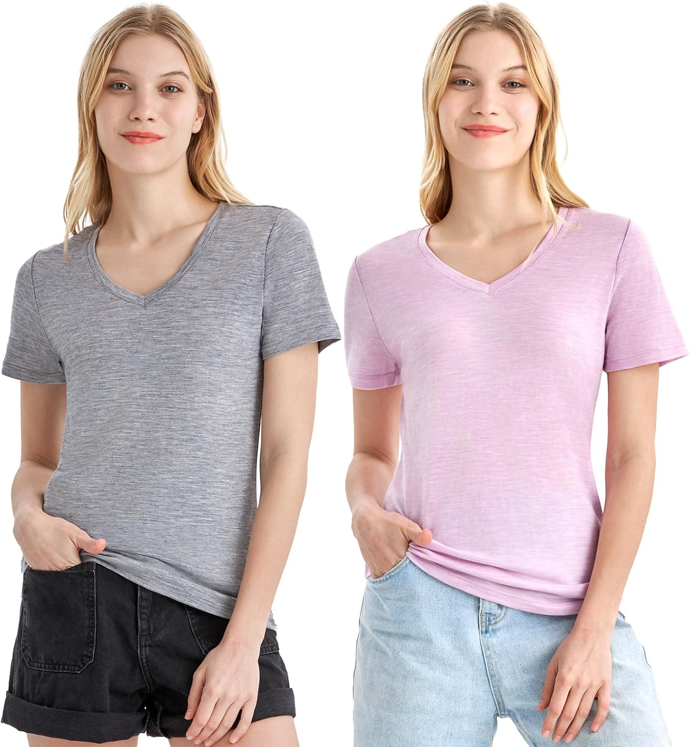 Merino Protect 100% Merino Wool V Neck T-Shirt Women Short Sleeve Shirts Odor Resistance Tops for Outdoor Hiking 2Pack
