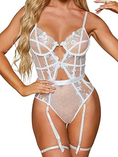 Floral Embroidered, Underwire, Removable Garter, Thigh Straps, Backless Bodysuit