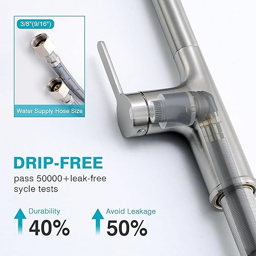 Miniatura 6 de Grifo de cocina, grifo de cocina de níquel cepillado con rociador extraíble, grifo de fregadero de cocina de acero inoxidable de arco alto de una