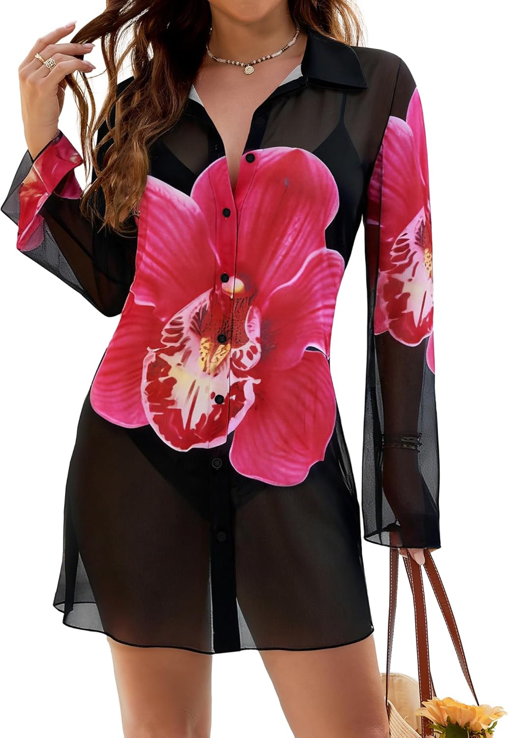 Bsubseach Beach Cover Ups for Women Casual Sheer Floral Beach Dresses Long Sleeve Vacation Outfits