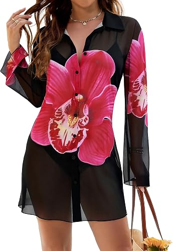Bsubseach Swimsuit Coverup for Women Floral Long Sleeves Shirt Beachwear | Flared Long Sleeves,Sheer & Breathable Fabric,Floral Print Pattern,Button-Down Shirt Design,Perfect for Summer Vacation Wear