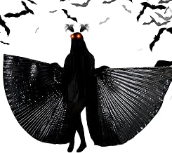 Seenelling Unisex Mothman Costume Halloween Mothman Cosplay Moth Cape Halloween Black Creepy Cloth Wireless Touch Red Light Feather Headband for Adult Women Christmas Accessories