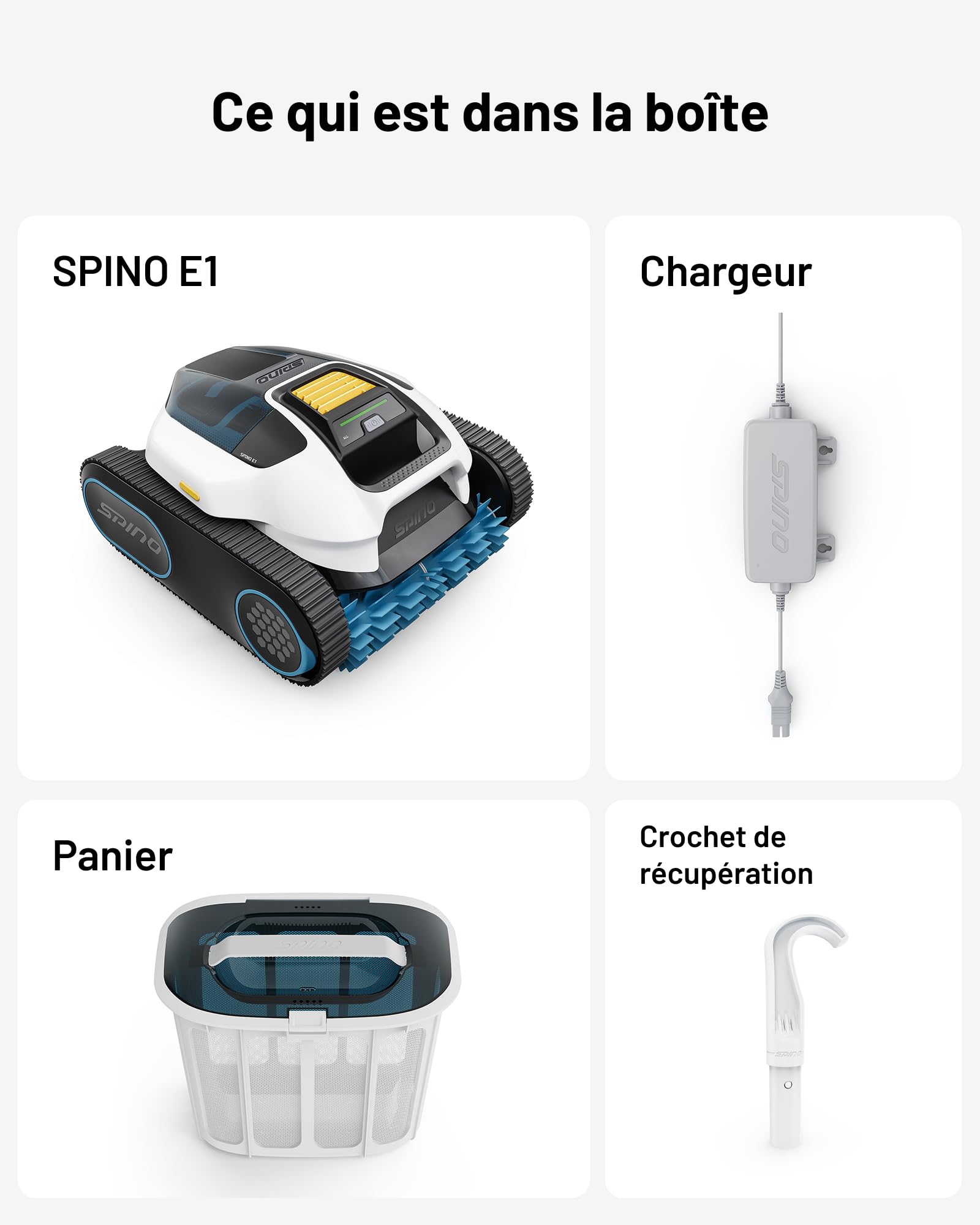 SPINO E1 Robot Piscine sans Fil | Autonomie 210 Min, 21950 LPH, 5 Modes, Nettoyage Parois et Ligne d'Eau, Contrôle par App, Trajet SmartArc, Piscines 150 m²