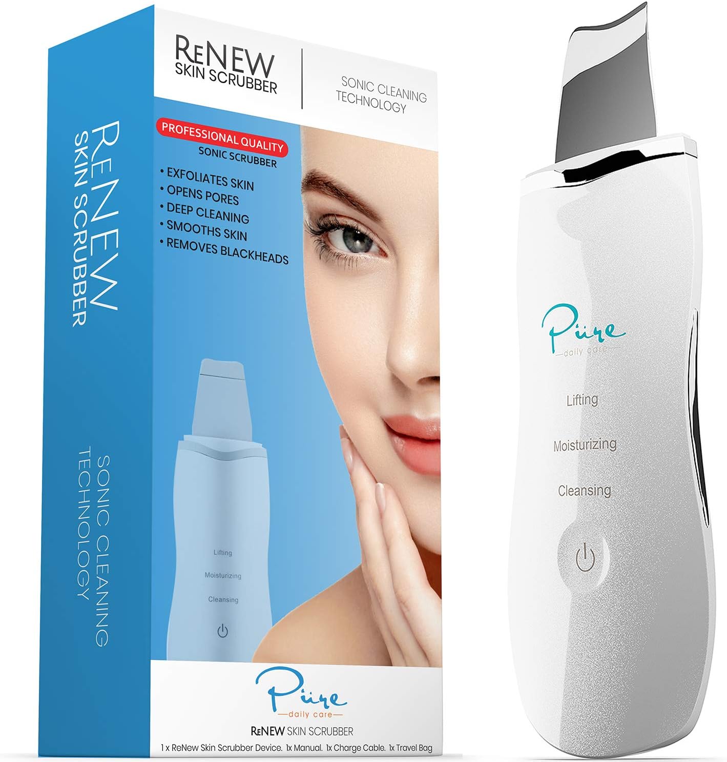 ReNew Skin Scrubber Professional Sonic Facial Exfoliation Device - Oil Dirt Blackhead Remover - Dermabrasion Facial Peel - Clean & Brighten Oily Pores - Blackhead Remover Kit - Skin Tightening