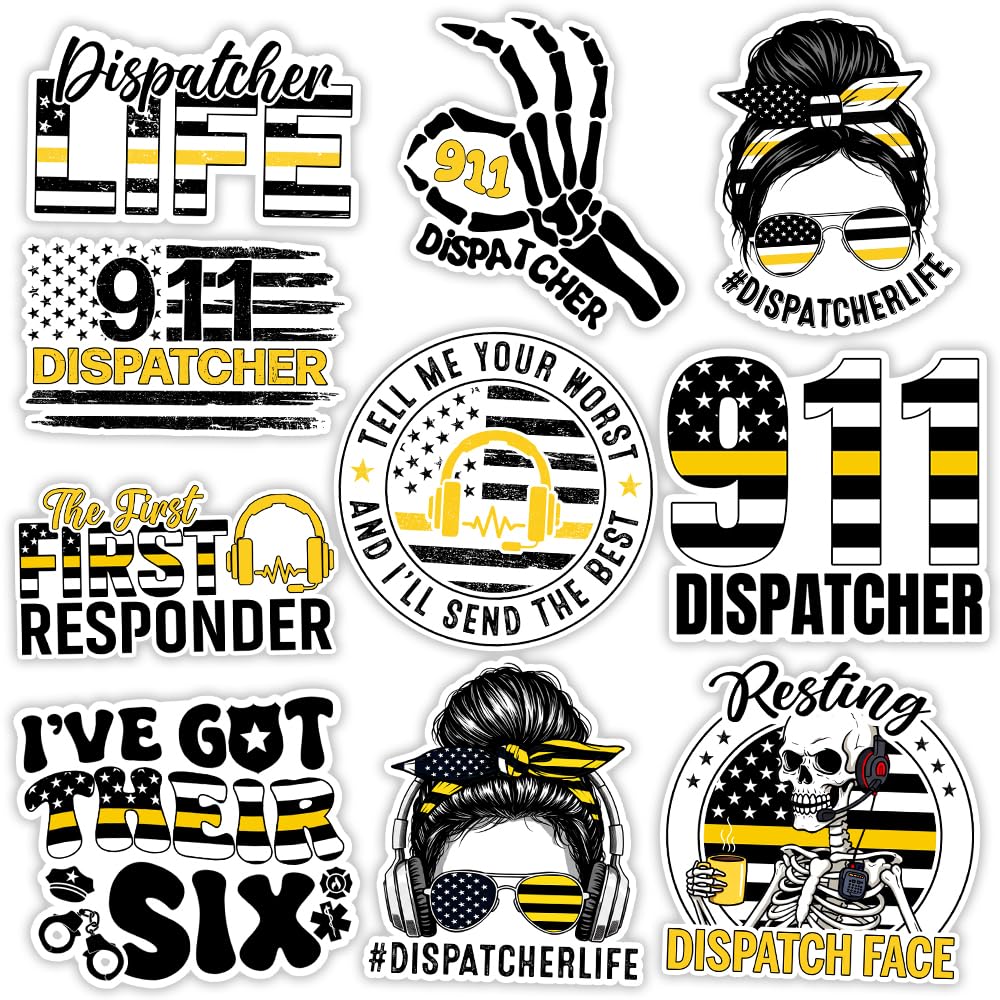 MAIANEY [10Pcs, 3"x3"] 911 Dispatcher Stickers Pack of 10 – First Responder Vinyl Decals for Dispatch Life Laptop Water Bottle Helmet Notebook – Emergency Operator Gift for Women Men