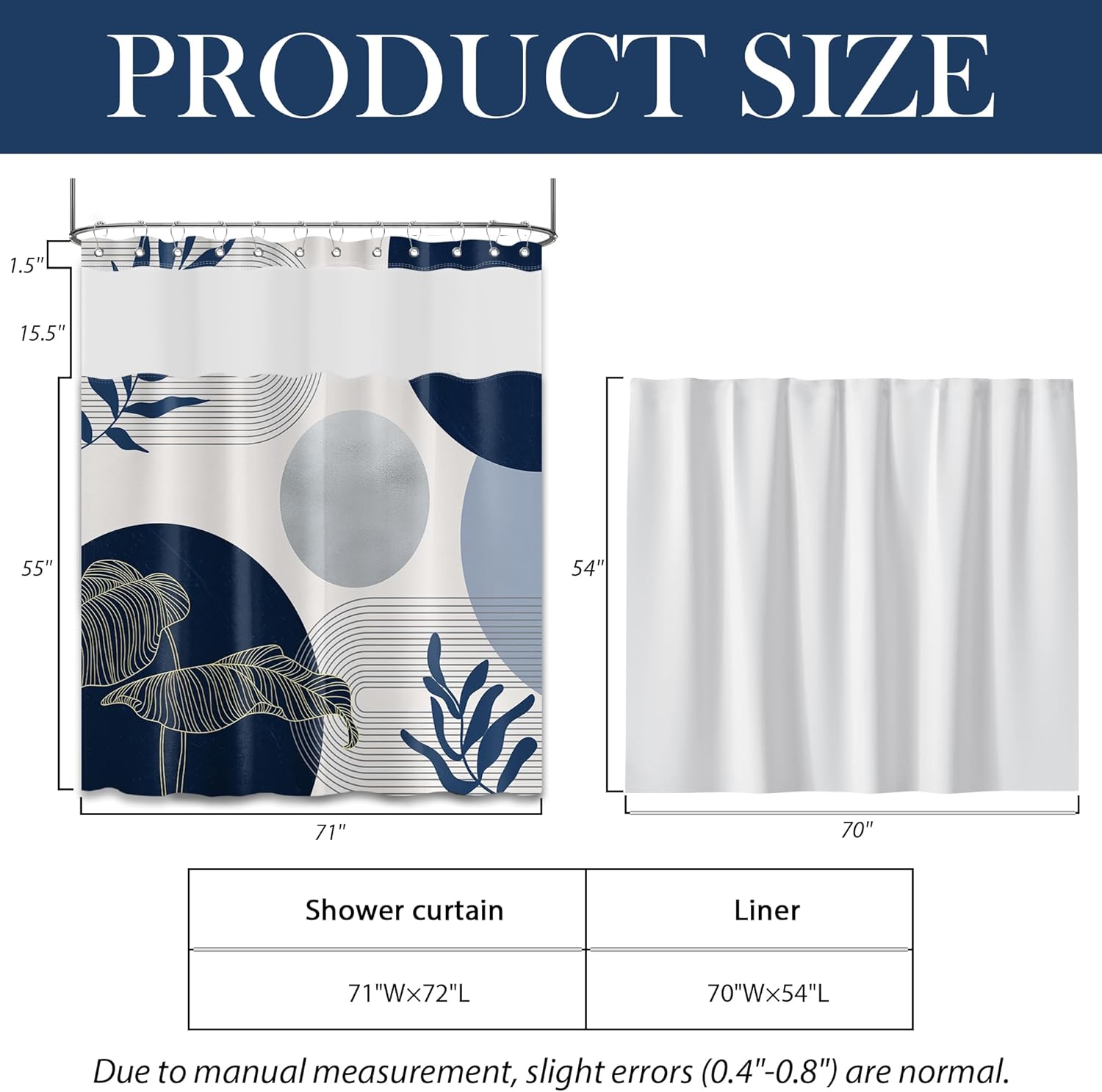 Navy Blue and White See Through Mesh Top Shower Curtain with Window, Boho Dark Blue Double Layer Shower Curtains with Snap in Liner with Magnets, Waterproof Cloth Fabric with Hooks, 71" W x 72" L