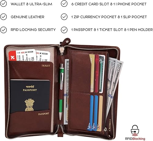 Miniatura 7 de KRAFTIQ SIMON- Cartera de viaje de cuero genuino marrón curtido vegetal seguro RFID Marrón Vintage