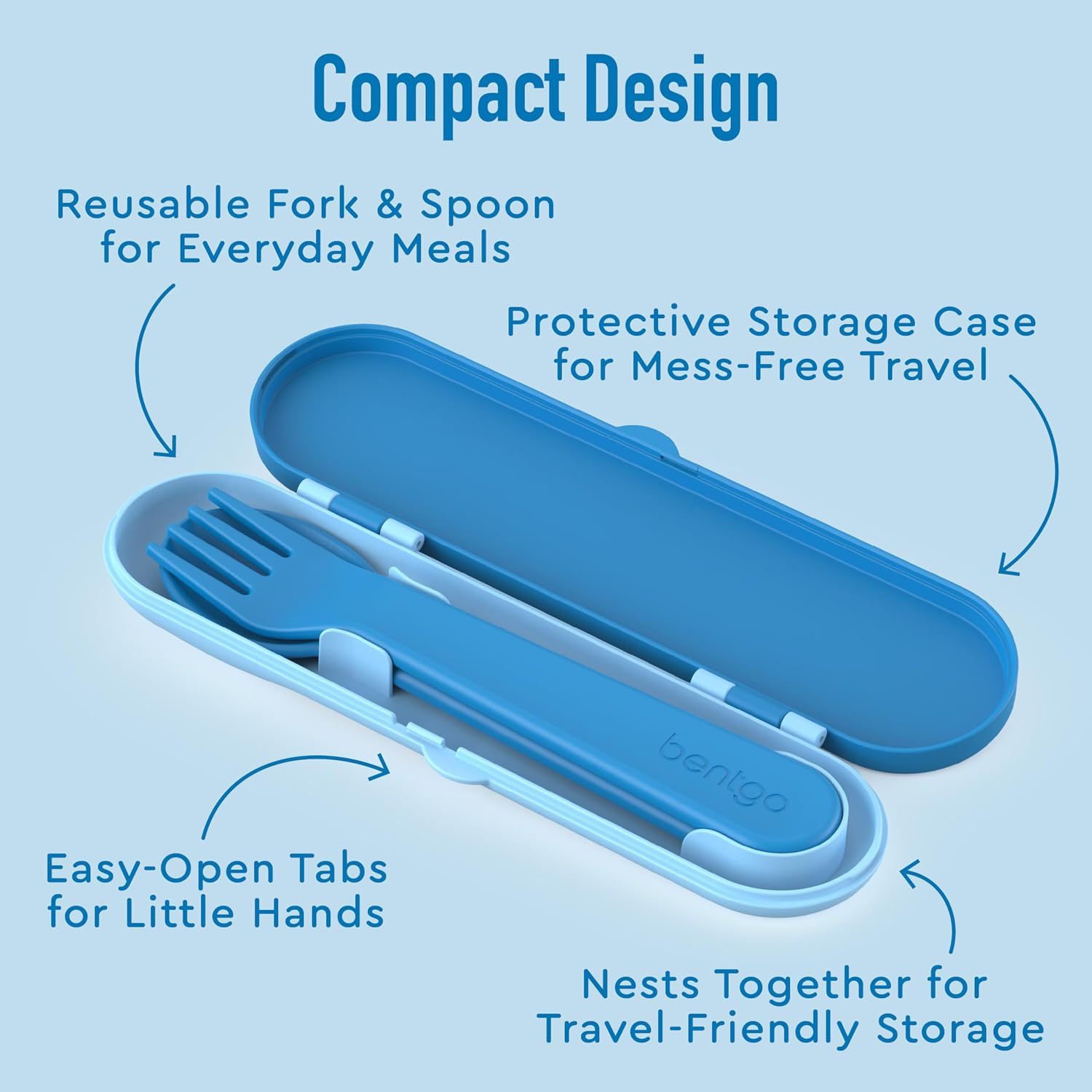 Bentgo® Kids Plastic Utensil Set - Reusable Fork, Spoon & Storage Case, PFAS- & BPA-Free, Easy-Grip Handles, Lightweight, Dishwasher Safe, School Lunch, Travel & On-the-Go (Blue)