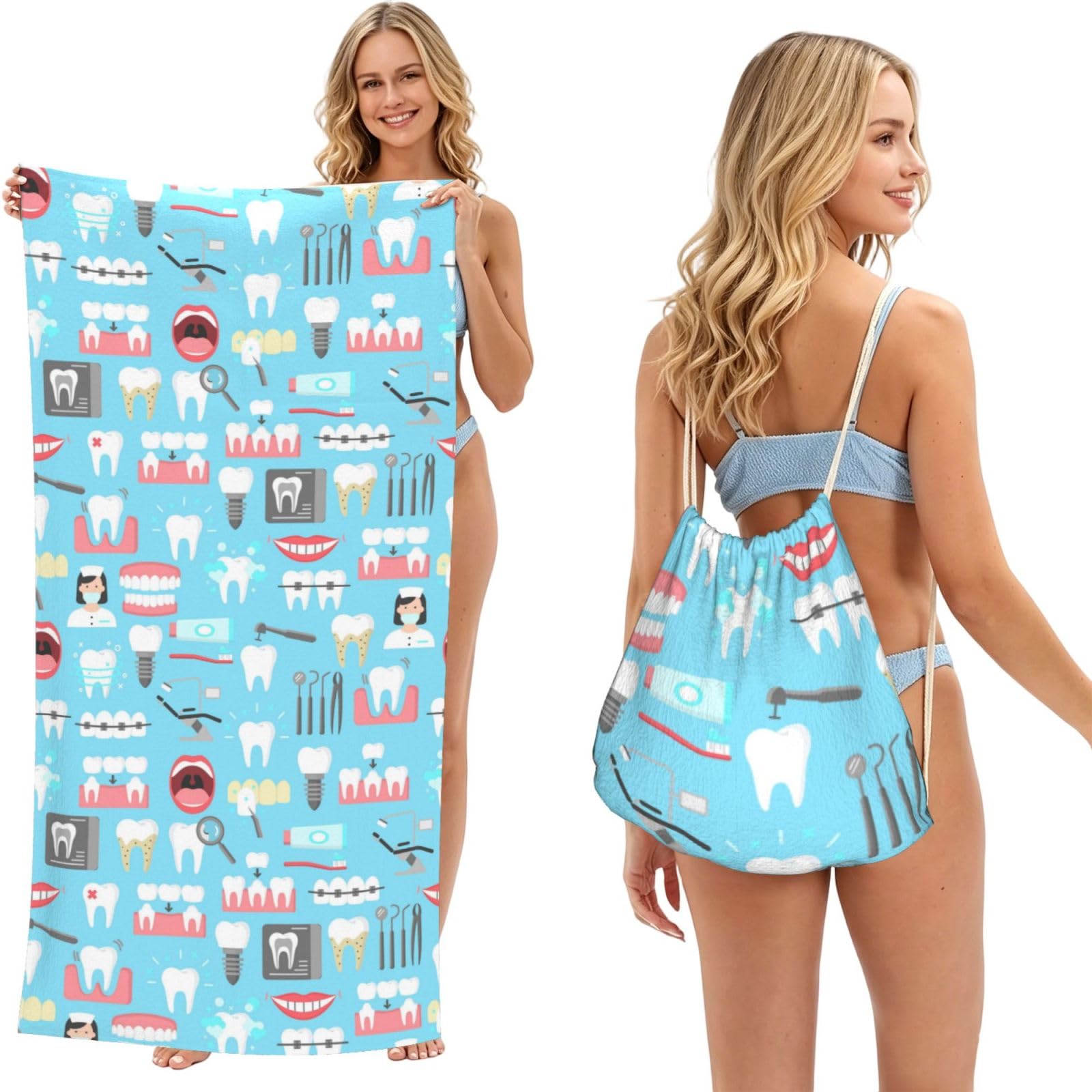 Poadnly As Picture Dental Seamless, 2 In 1 Packable Towel Bag, Beach Towels With Drawstring Backpack For Travel Holiday Camping