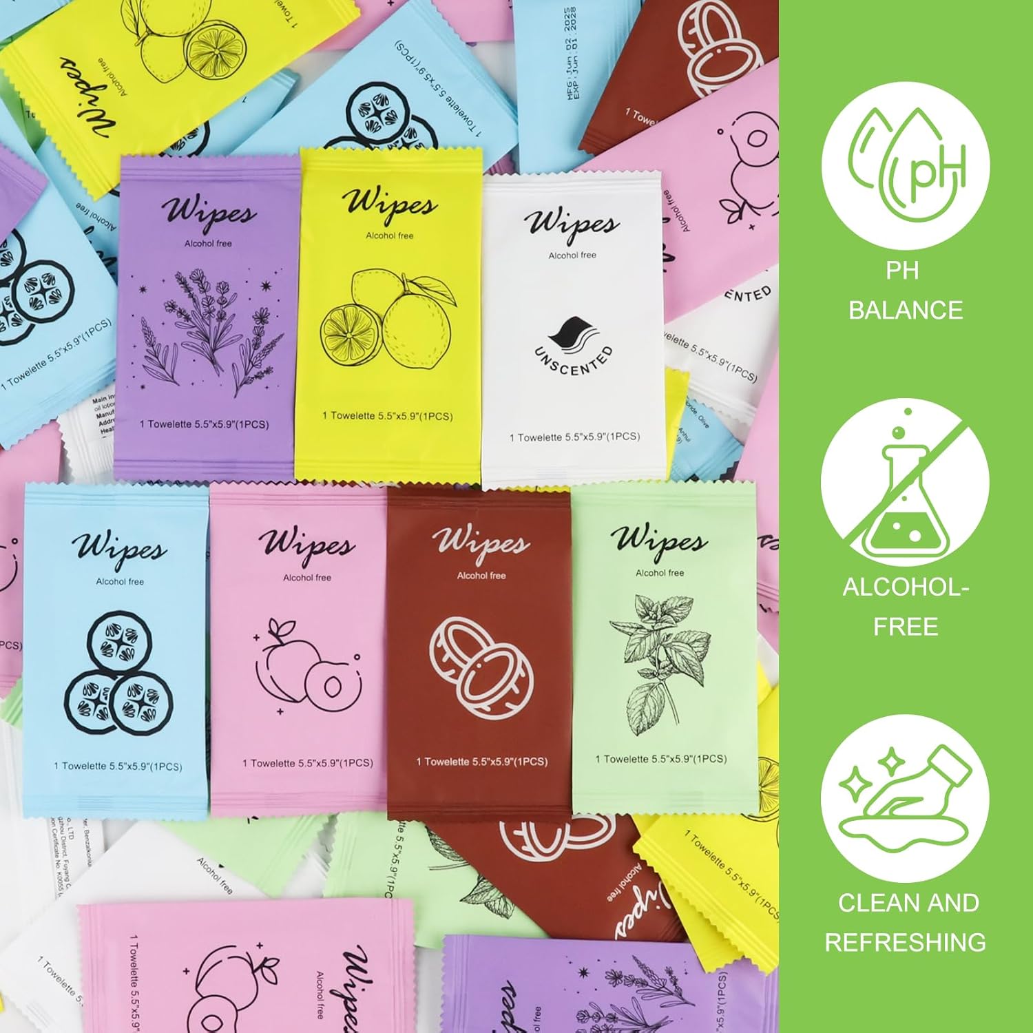 twoworld Individual Hand Wipes,Wet Wipes Individually Wrapped Bulk Cleansing Travel Size Wet Wipes for Travel Restaurant (Mint, lemon, lavender,cucumber, coconut, peach, and unscented,pack of 350)