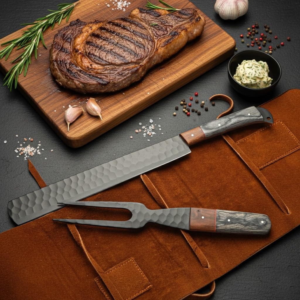 Brisket Carving Knife & Fork Set – Powder-Coated Carbon Steel Slicer with Pakka Wood Handle BBQ, Meat Carving, Brisket, Turkey & BBQ Pitmaster Tool (Pakkawood)
