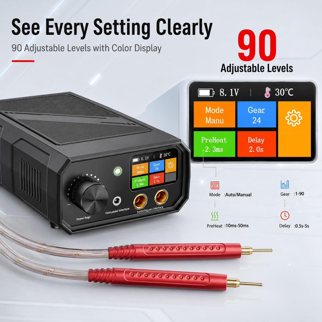 Soldadora por Puntos Portátil para Baterías, 10000W de Potencia Máxima, Batería Integrada de 10000mAh, Soldadora de Doble Pulso con 90 Niveles Ajustables, Modos Automático y Pedal