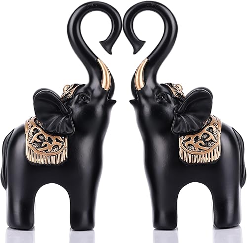 GAOSHENG Figuras de elefante amoroso de dos piezas, regalos de elefante negro para parejas, decoración del hogar, juego de escultura de animales,