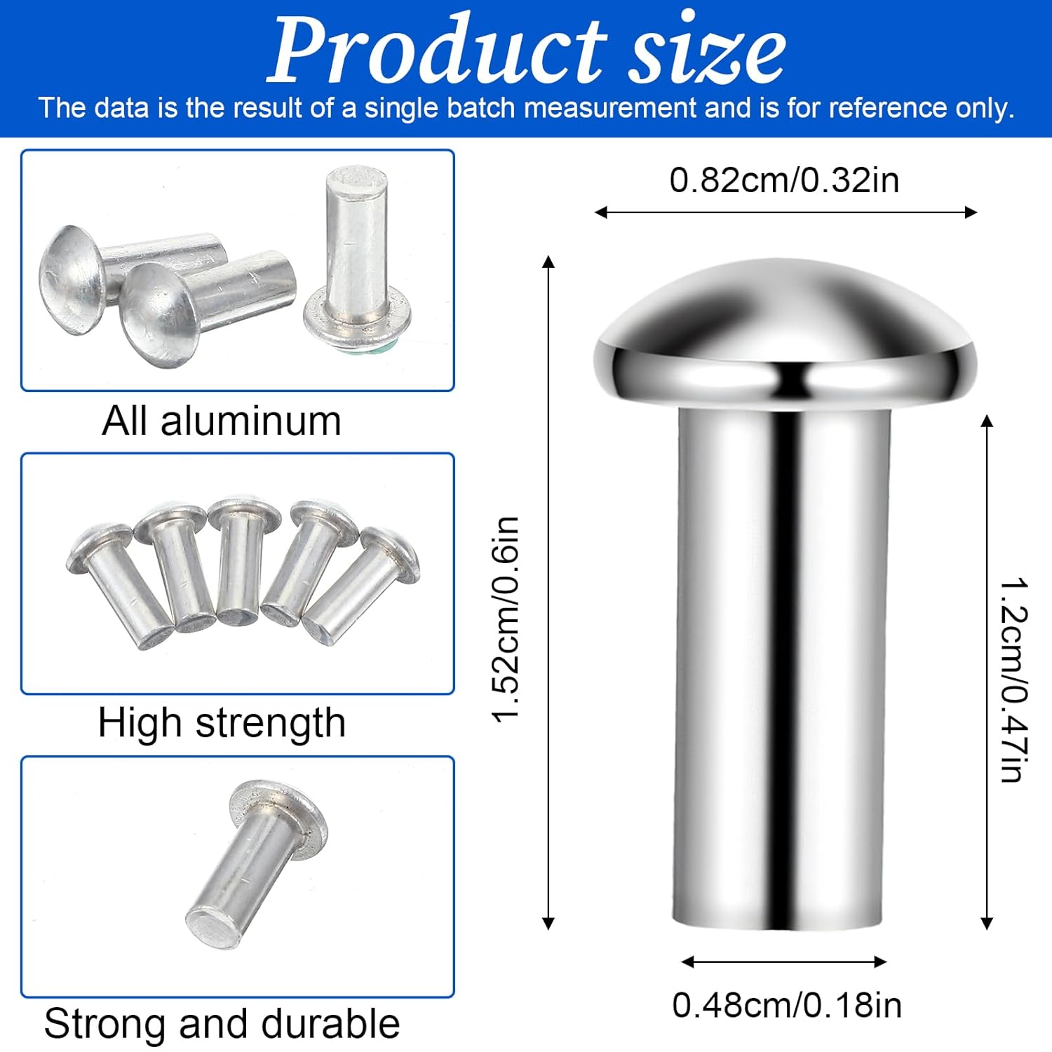 3/16" Diameter x 1/2" Length Solid Aluminum Brazier Head Rivets, 150 Pack Universal Aluminum Boat Rivet, Modified Brazier, Silver Round Head Rivet Kit for Repairing Boats, Craft, Decoration