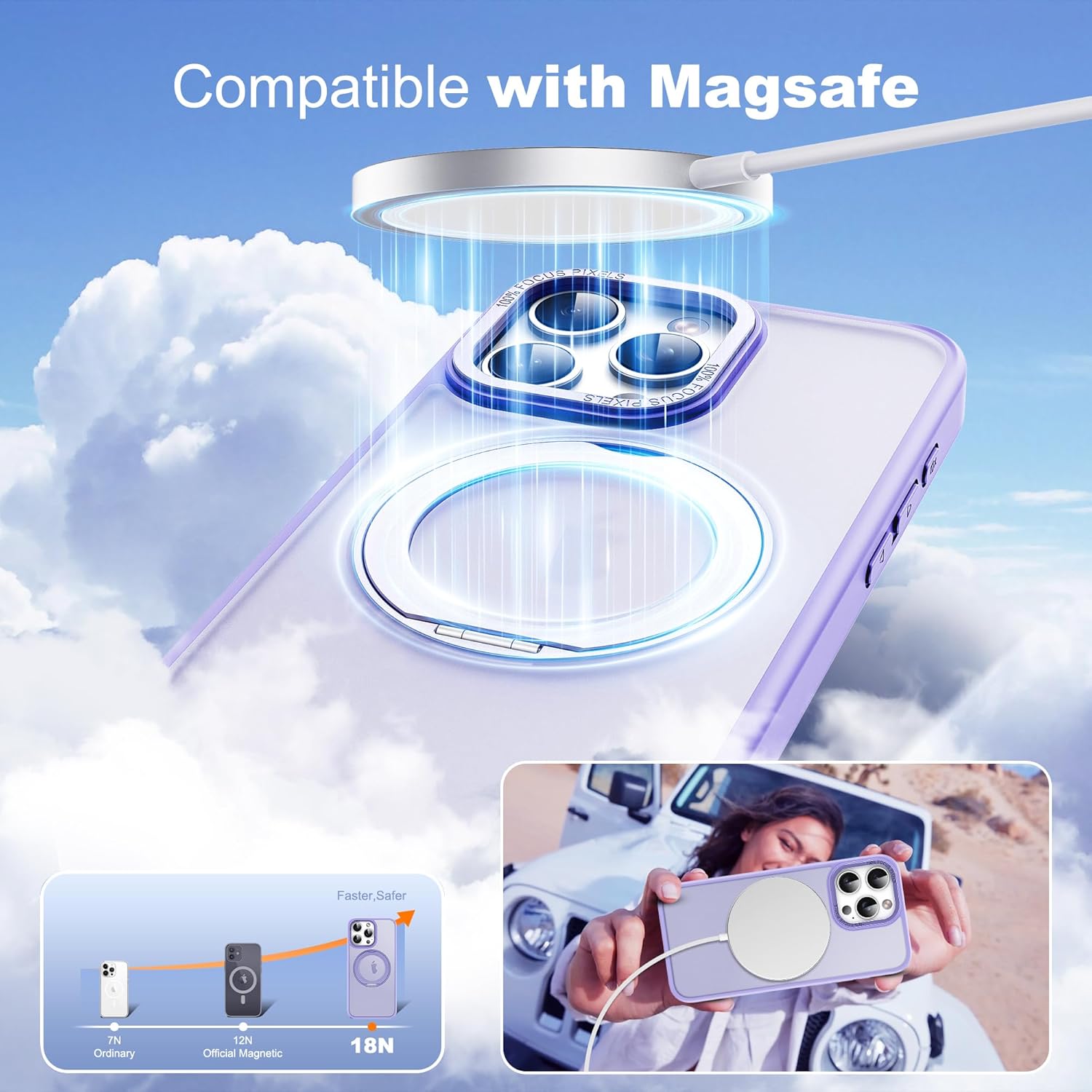 for iPhone 15 Pro Max Case with 360° Rotatable Magnetic Ring Stand Compatible with Mag-Safe Military Protection Shockproof Matte Translucent Phone Case for iPhone 15 Pro Max, Purple