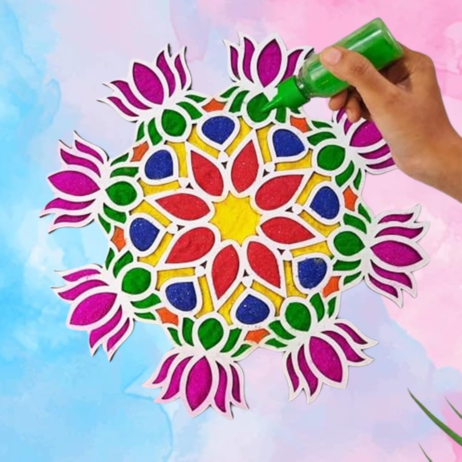 Rangoli Mat with Wooden Base.Easy to Use.Just Fill It Up with Rangoli,Flowers,Pulses Inland Rangoli Stencils Border for Floor Home Diwali Decoration-Reusable DIY Rangoli Stencil