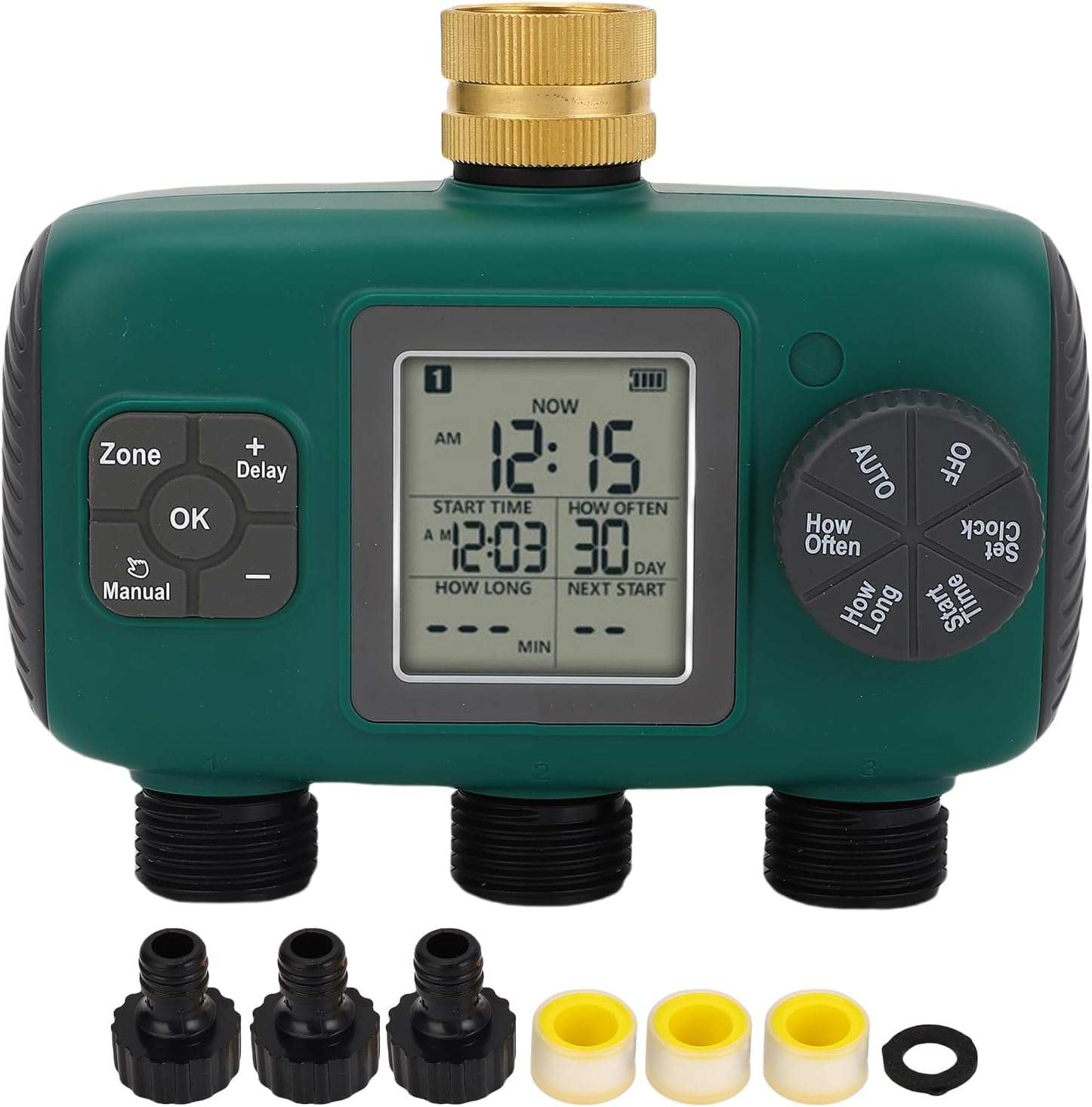 3 Outlet Hose Timer Brass Sprinkler Timer LCD Display Watering Controller 3 Outlet NH4/3in Male Thread