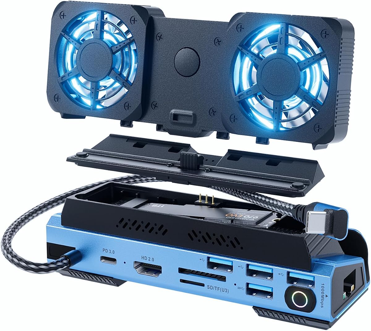 Detachable Dual Cooling Fans 16 in 1 Steam Deck Docking Station with 4K@60Hz 4 USB Ports,1000Mbps,SD/TF Slot,USB-C 100W PD,HDMI,M.2 NVMe Enclosure, 40Gbps Adapter for Steam Deck/Rog Ally/Legion Go