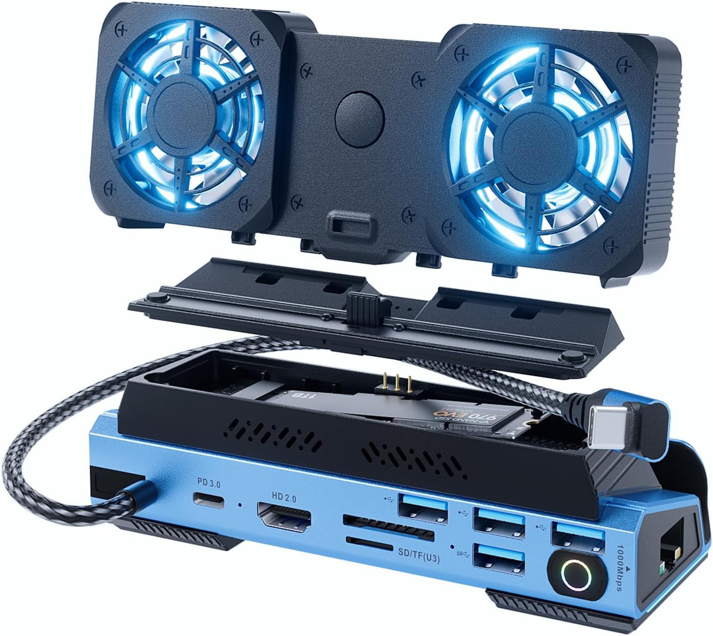 Detachable Dual Cooling Fans 16 in 1 Steam Deck Docking Station with 4K@60Hz 4 USB Ports,1000Mbps,SD/TF Slot,USB-C 100W PD,HDMI,M.2 NVMe Enclosure, 40Gbps Adapter for Steam Deck/Rog Ally/Legion Go