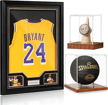 JupDec Jersey Frame & & Basketball & Championship Ring Display Case, Large Clear Acrylic Shadow Box with UV Protection Wooden Showcase, Idea Gift for Sports Fans