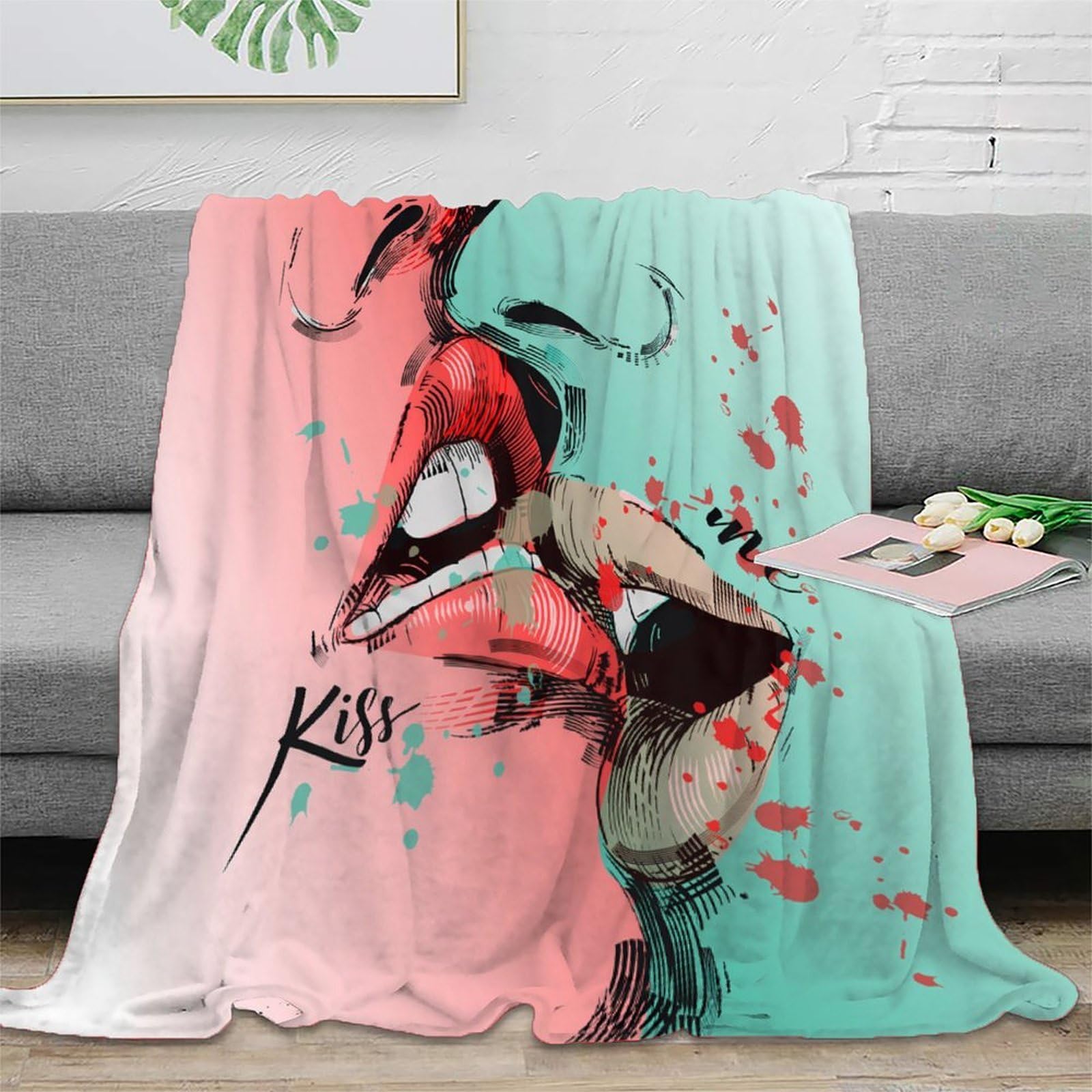 stampa 3D kiss arte coperta da viaggio microfibra biancheria da letto anti-pilling coperta da viaggio compatta per regali per viaggiatori Stylized pop 70×80inch(180x200cm)